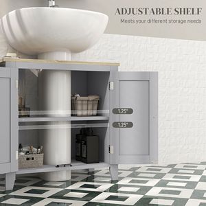 Mobile Bagno in Legno Massello con Lavabo a Colonna, Specchio LED con Intaglio a U, Ripiano Regolabile Grigio - Product Image 5