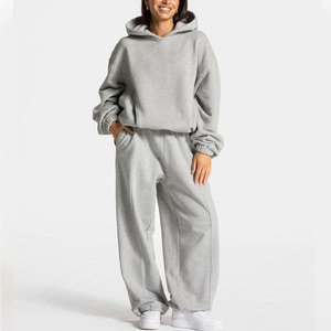 Individuelles Logo Damen Einfarbiger Trainingsanzug Lässiger Oversize-Hoodie mit Weitem Bein Jogginghose Weicher Pullover Streetwear Fleece - Product Image 1
