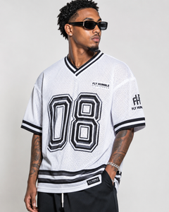 เสื้อฟุตบอลอเมริกันตาข่ายสีขาวสำหรับผู้ชาย Fly Humble คอวี แขนสั้น เบอร์ 07 ระบายอากาศได้ดี แห้งเร็ว ใส่สบายในฤดูร้อน ทรงปกติ - Product Image 4