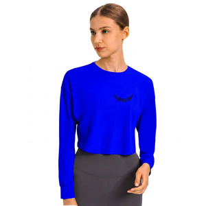 Women's <b>Light</b> <b>Blue</b> Crop <b>Top</b> <b>Long</b> <b>Sleeve</b> Crew Neck Embroidered Logo Loose Fit Yoga <b>Top</b> Breathable Spandex Polyester - Product Image 2
