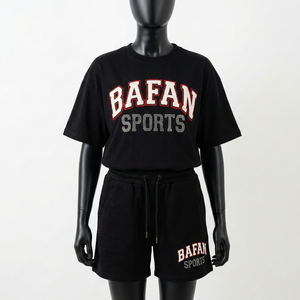 Premium 240 GSM Cotton Terry <b>Top</b> And Shorts Set Black <b>Rhinestone</b> Print Custom Logo Shorts Set - Product Image 1