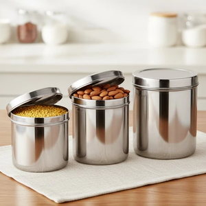 Boîte de conservation alimentaire moderne en métal, forme cylindrique, couvercles hermétiques, utilisation en cuisine, empilable, préservation de la fraîcheur - Product Image 4