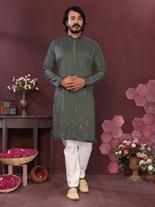 <b>Men's</b> White Cotton Kurta With Embroidery Traditional <b>Indian</b> Wedding Wear Ankle Length Regular Fit - Product Image 5