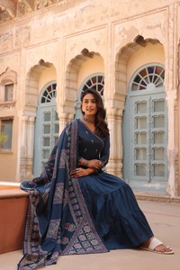Luxury Navy Cotton Pintex Embroidered <b>Three</b> Piece Suit Set with Tiered Anarkali Kurta Matching Bottom and Dupatta for Women - Product Image 3