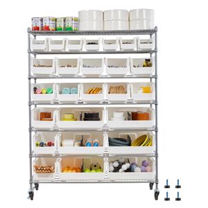 Scaffale Portaoggetti a 7 Ripiani con 26 Contenitori, Sistema di Scaffalature in Filo d'Acciaio con Ruote Mobili per Organizzazione Attrezzi - Product Image 1