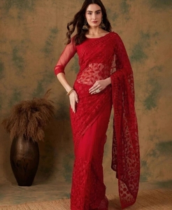 KV Embroidered, Embellished Bollywood Net <b>Saree</b> (<b>Red</b>) - Product Image 6