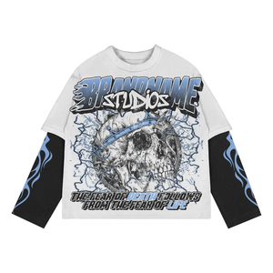เสื้อยืดแขนยาวทรงโอเวอร์ไซส์ ลายพิมพ์ดิจิทัลรูปหัวกะโหลก สไตล์สตรีทแวร์ สำหรับผู้ชาย สีดำ ม่วง เบจ ดีไซน์คอกลม - Product Image 5