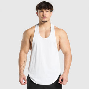 Débardeur stringer personnalisé pour homme, blanc, polyester/coton, pour la gym, le fitness, sans manches, pour la musculation, séchage rapide, 180g, logo personnalisé - Product Image 1