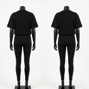 ชุดเสื้อยืดและเลกกิ้งผู้หญิง ผ้าโพลีเอสเตอร์ผสมสแปนเด็กซ์ พรีเมียม เนื้อนุ่ม ยืดหยุ่น ระบายอากาศ สีดำ รับสกรีนโลโก้ ปักลาย ชุดเซ็ตผู้หญิง - Product Image 4