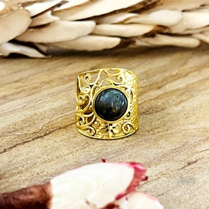 Latest Design Boho Gemstone <b>Ring</b> Vintage Brass <b>Rings</b> Women 18k Gold Plated Filigree Wide Band <b>Statement</b> for Wholesale/OEM/ODM - Product Image 1