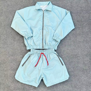 Ensemble de survêtement bleu clair pour femmes, manches longues, fermeture éclair, short sportif, séchage rapide, léger, ensemble d'été, couleur unie, coupe ample - Product Image 5