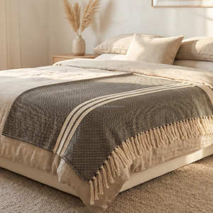 Manta de Sofá Tejida a Mano con Rayas de Algodón Natural, 130x180 cm, para Decoración del Hogar Minimalista, Costera y Neutral - Product Image 2