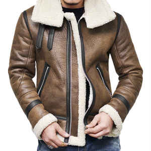 Blouson bomber en cuir véritable marron pour homme, doublé en sherpa, fermeture éclair, vêtement d'extérieur d'hiver, style moto décontracté - Product Image 1