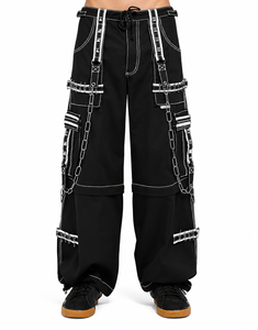 Pantalon gothique unisexe ample avec poches utilitaires et chaînes décoratives, taille ajustable - Product Image 1