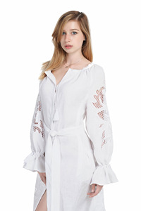 Robe en lin blanc brodée à la main pour femme, collection 2026, très prisée, en tissu de lin respirant de haute qualité, robe blanche polyvalente - Product Image 5