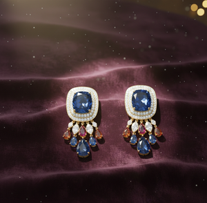 4 Inch Blue Hydro Round <b>Earrings</b> with CZ 925 Sterling Silver 18K <b>Gold</b> Plated Statement <b>Dangle</b> <b>Earrings</b> Ethnic Jewellery - Product Image 1