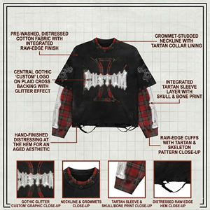 Camiseta Corta Extra Grande con Estampado Personalizado para Hombre, Estilo Punk, Cuello Redondo, Manga Negra a Cuadros, Ribete en Contraste, Manga Corta, Logotipo Frontal Estampado - Product Image 4