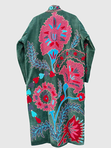 Manteau long en velours brodé à la main pour femmes grandes tailles, col montant, manches longues, motif floral, vêtements d'hiver - Product Image 3