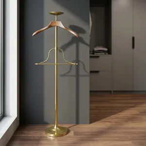 Vintage Brass <b>Valet</b> Stand with Wooden Suit Hanger Freestanding <b>Clothes</b> Rack Coat Jacket Trouser Organizer Bedroom Dressing Room - Product Image 3