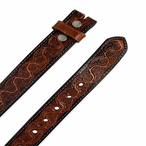 Ceinture vintage pour homme en cuir véritable, motif feuille gaufré, style punk, avec bouton pression en alliage pour ceinture western en jean - Product Image 5