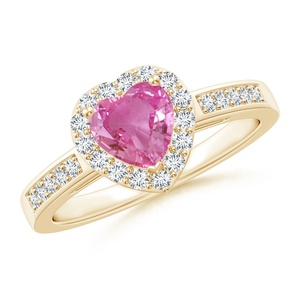 Anillo de Compromiso de Oro Puro de 14K con Zafiro Rosa Natural en Forma de Corazón y Halo de Diamantes, Anillo de Compromiso Romántico de Lujo para Novia - Product Image 1