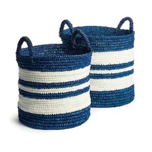 Wholesale Blue and White Striped Woven Seagrass <b>Storage</b> <b>Basket</b> With Handles For Decorative Home Organization Laundry Bin <b>Basket</b> - Product Image 1