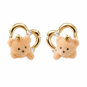 Bear Earrings with Plush Flocking Texture and Zircon Heart for Korean Fashion Autumn Winter Women Stud Jewelry - Product Image 3