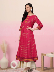 Womens Pink Cotton Slub Gold Printed Anarkali Kurta With Round Neck <b>Three</b> Fourth Sleeves Crafted For Global Ethnic Casual Wear - Product Image 4