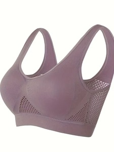 Women Wide Strap Scoop Neck Gym Bra <b>Underbust</b> Mesh Knit Panel Body Sculpting Yoga Running Vest High Stretch Activewear Top Front - Product Image 6