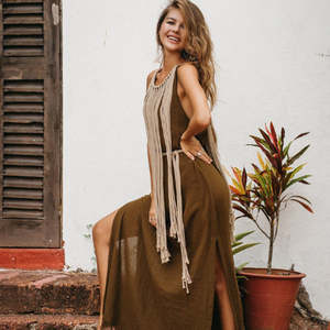 Vestido Maxi Boho para Mujer, Vestido de Festival, Vestido de Algodón Crudo con Abertura de Macramé, Vestido Marrón Estilo Hada, Regalo para Ella - Product Image 2