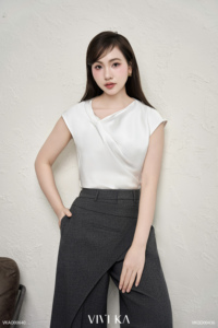 Women's Feminine Solid White Satin Asymmetrical Neck <b>Cap</b> Sleeve Summer Casual Office Blouse Breathable Draped Top SOEN - Product Image 3