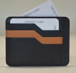 Porte-cartes minimaliste fin en cuir véritable noir avec bande marron, étui pour cartes de crédit, portefeuille de poche avant - Product Image 6