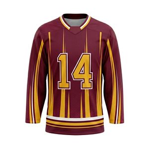 Maroon Golden Yellow Vertical Stripe <b>Frame</b> Ice Hockey Jersey V Neck Breathable Heavyweight Polyester League Uniform Shirts - Product Image 2
