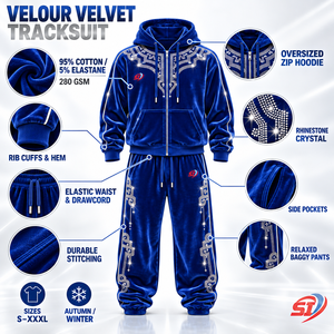 Conjunto de Sudadera con Capucha y Pantalones de Terciopelo Velour OEM Cobalt Dynasty Glow con Pedrería de Cristal, 95% Algodón, 5% Elastano, Premium - Product Image 5