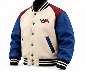 Chaqueta Varsity Tricolor para Hombre al por Mayor, Color Blanco Hueso, con Mangas de Cuero Azul, Dobladillo y Puños a Rayas, OEM - Product Image 5