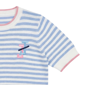 เสื้อสเวตเตอร์ถักแขนสั้นลายทางสีน้ำเงินและสีขาวสำหรับผู้หญิง เนื้อผ้านุ่ม สวมใส่สบาย แฟชั่นลำลอง เหมาะสำหรับใส่ในชีวิตประจำวัน - Product Image 4