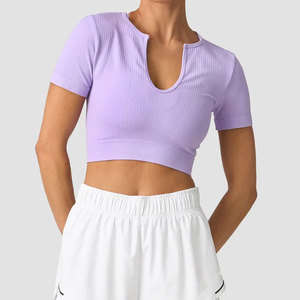 OEM Women's Workout Wear Short Sleeve V Neck Deep Crop Length Design Pattern <b>Yoga</b> Wear Comfortable <b>T</b>-<b>Shirt</b> Ribbed Material - Product Image 3