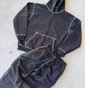 Chándal personalizado con lavado ácido y efecto desgastado por el sol, con cremallera completa, corte holgado, 100% algodón, pantalón de chándal con estampado en relieve, conjunto de chándal de tejido grueso - Product Image 6