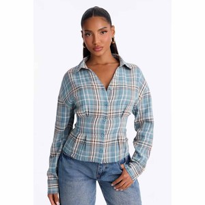 Camisa de mujer de manga larga a cuadros azul para otoño, blusa casual con cuello vuelto y botones, corsé en la cintura, ajuste ceñido - Product Image 4