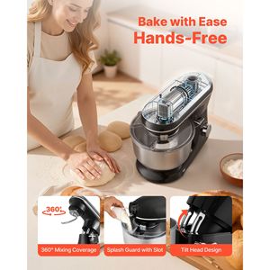 เครื่องผสมอาหารแบบตั้งโต๊ะ 6QT 6+ ระดับความเร็ว 660W หัวปรับเอียงได้ โถสแตนเลส พร้อมหัวตีแป้ง หัวตีลวด และหัวตีแบบแบน - Product Image 6