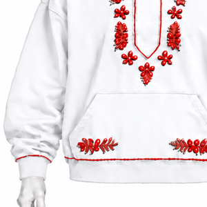 White Indus Embroidered <b>Hoodie</b> Traditional Floral <b>Stitching</b> Kangaroo Pocket Relaxed Fit Casual Streetwear Winter Pullover Top - Product Image 5
