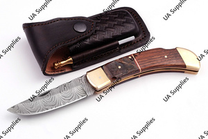 มีดพับทำมือจากเหล็กดามัสกัส ใบมีดทรงดรอปพอยต์ คุณภาพสูง สำหรับตั้งแคมป์ ด้ามทำจากเขาสัตว์และไม้พะยูง รับผลิตแบบ OEM/ODM - Product Image 3