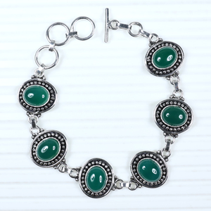 Bracelet à maillons avec fermoir à bascule en argent sterling plaqué, pierre ovale en onyx vert, style bohème ethnique, pour femmes, vente en gros - Product Image 2