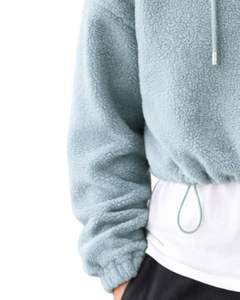 Sweat à capuche court en polaire texturée bleu poussière, quart de zip, ourlet ajustable avec cordon de serrage, streetwear décontracté, pull chaud, logo personnalisé - Product Image 6