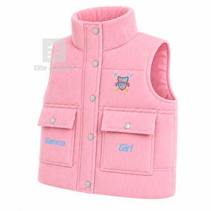 Chaleco acolchado personalizado de la hermandad Gamma Phi Delta con logotipo bordado en la parte delantera, color rosa y azul claro, sin mangas, para mujer. - Product Image 1