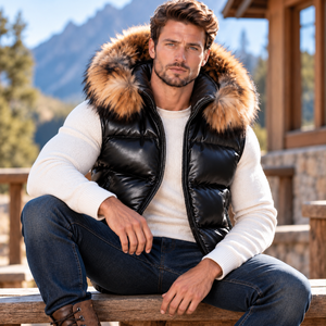 Chaleco acolchado de cuero genuino para hombre con capucha de piel de zorro |   Ropa de abrigo transpirable para otoño - Product Image 5