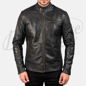 Men's Premium Black Real Leather Racer <b>Jacket</b> - Slim Fit Genuine <b>Sheepskin</b> Biker Coat with Snap Tab Collar and Zip Pockets - Product Image 1