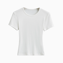 T-shirt court moulant pour femme, col rond, manches courtes, couleur unie, haute qualité, prix abordable, avec bordure côtelée aux épaules – Grande Vente - Product Image 6