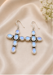 Pendientes de cruz de piedra lunar arcoíris – Pendientes de plata con piedra lunar azul natural – Joyería artesanal bohemia con gemas, regalo para mujer - Product Image 3
