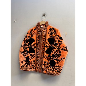 Orange Mandarin Collar <b>Jacket</b> With <b>Black</b> Floral Embroidery Full Sleeve Cotton Boho Style Women's <b>Jacket</b> - Product Image 3